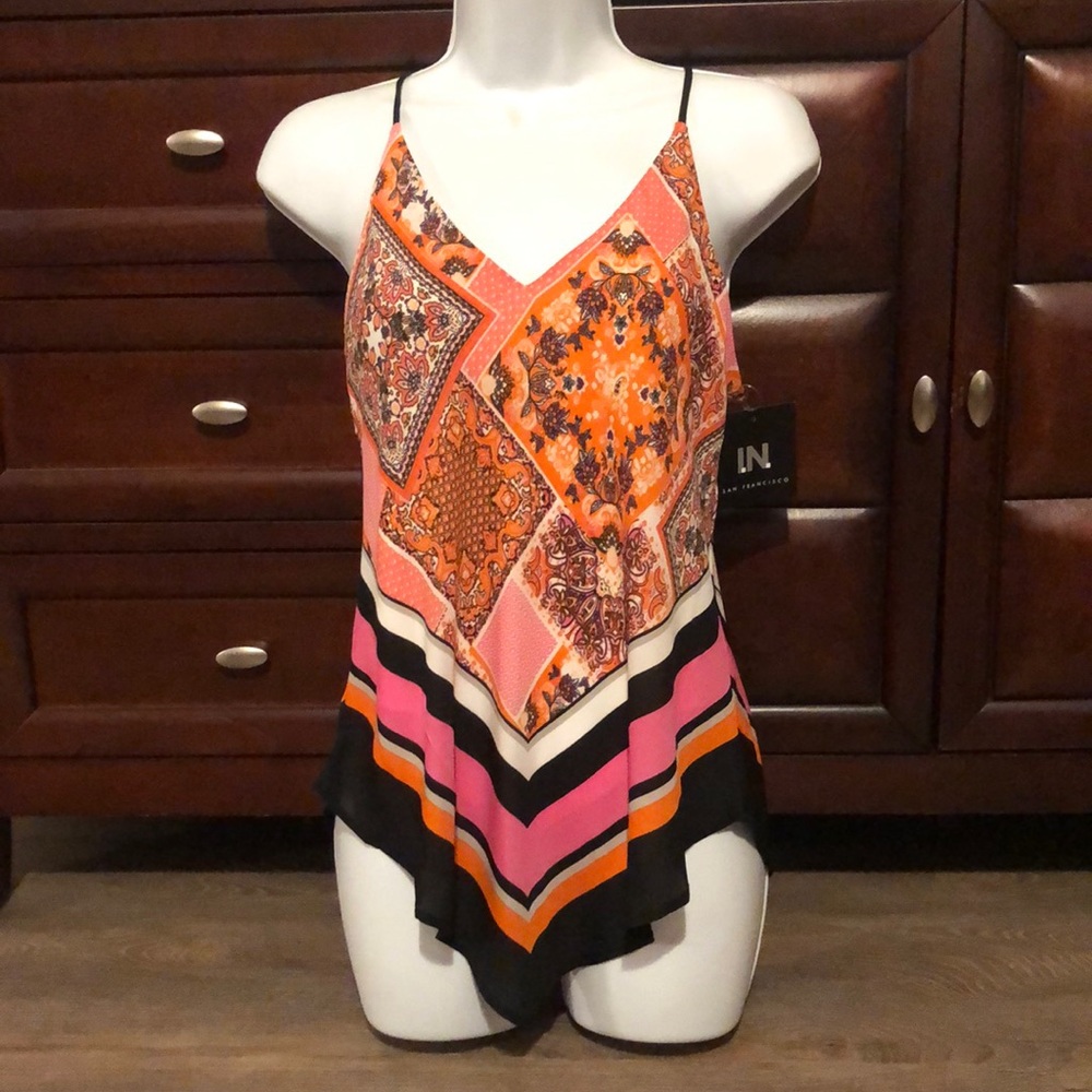 I.N. San Francisco Orange Pink Black Patchwork Handkerchief Hem Tank
